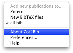 The Zot2Bib pop-up menu